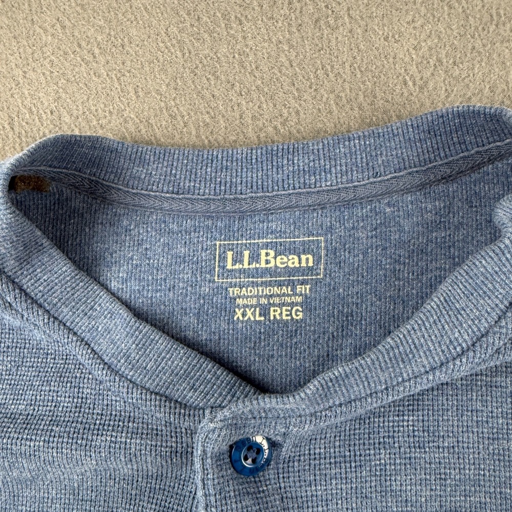 LL Bean Henley Shirt Men's 2XL Blue Traditional Fit Waffle Knit Long Sleeve - Picture 4 of 9